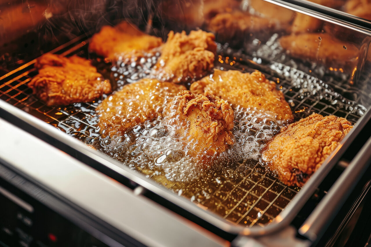 Chicken frying in oil and industrial fryer